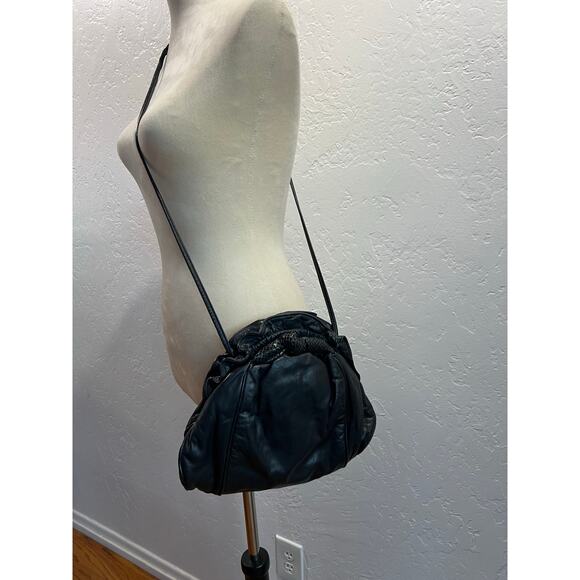 Via Spiga Black Leather Drawstring Shoulder Bag with Snakeskin Accent - Picture 1 of 11